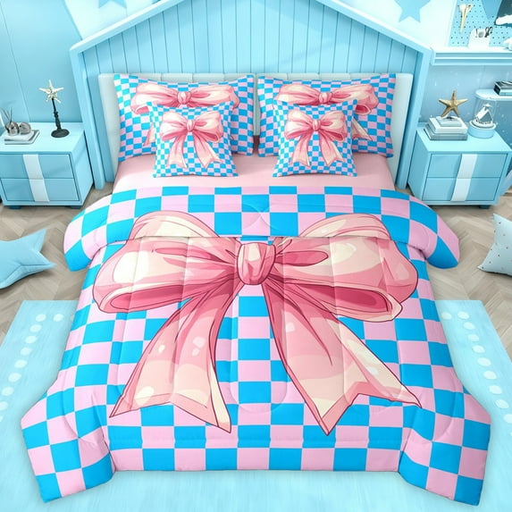 Homewish Cartoon Princess Bowknot Twin Bedding Sets 7-Piece for Kids, Blue Pink Checkered Plaid Bedding Comforter Set, Kawaii Ribbon Reversible Sheet Sets, Super Cozy Room Decor