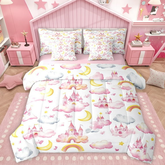 Homewish Cartoon Princess Castle 7-Piece Twin Bedding Sets,Fairy Tale Theme Bedding Comforter Set,Moon Stars Pattern Sheet Sets For Girls Kids,Breathable Home Decor Reversible