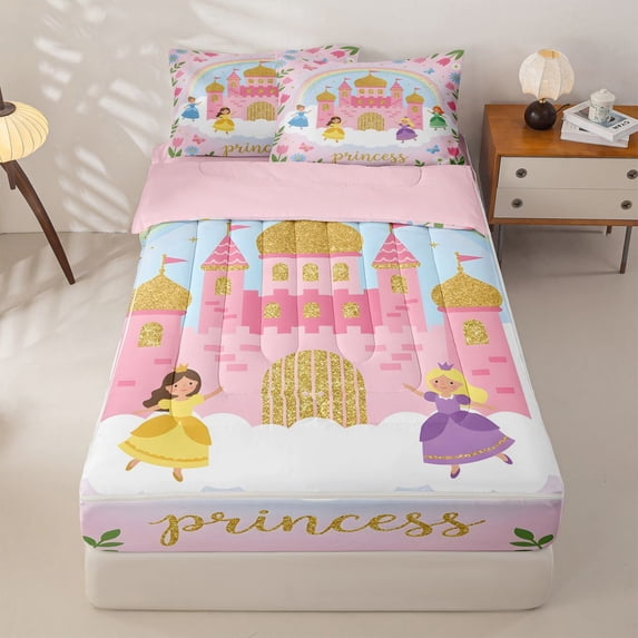 Homewish Cartoon Princess Castle Zipper Full Size Comforter Sets with Fitted Sheet and 2 Pillowcases,Colorful Cute Girls Kawaii Flowers Blossom Zipper Bedding Set For Kids,Pink Reversible,4 Pieces