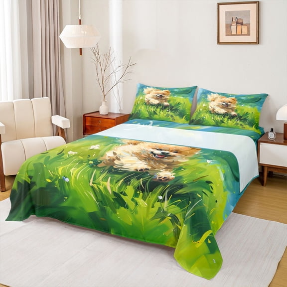 Homewish Cartoon Pug Dalmatian Queen Sheet Sets, Cute Animal Dog Flat Sheet, Teens Kids Boys Girls Queen Fitted Sheet, Breathable Home Decor, 4-Piece