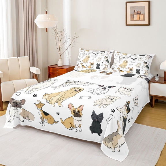 Homewish Cartoon Pug Dog Twin Sheet Sets for Teens, Kawaii Animal Twin Fitted Sheet, Cut Dalmatian Print Flat Sheet, Microfiber Bedroom Decor, 3 Pieces