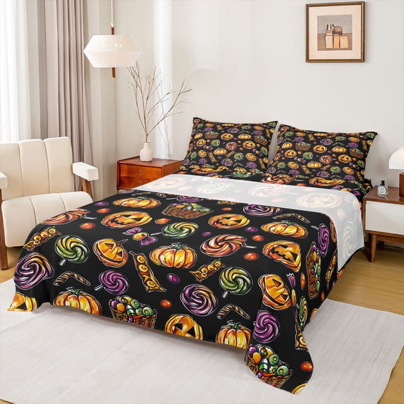 Homewish Cartoon Pumpkin Candy Bed Sheets for Kids, Black Swirl Lollipop Full Size Sheets, 4 Pieces, 1 Flat Sheet, 1 Fitted Sheet and 2 Pillowcases