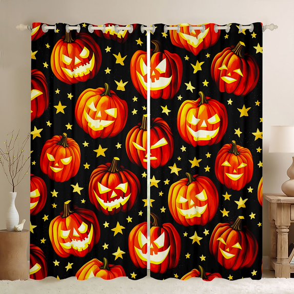 Homewish Cartoon Pumpkin Lantern Blackout Curtains, Happy Halloween Curtains Pack of 2 (42x84 Each), Black Orange Yellow