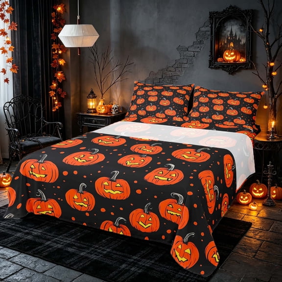 Homewish Cartoon Pumpkin Lantern Queen Sheets, Funny Halloween Queen Sheet Sets, Black Orange, 4-Piece (1 Flat Sheet, 1 Fitted Sheet and 2 Pillowcases)