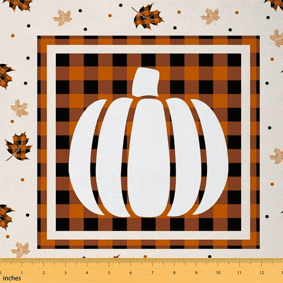 Homewish Cartoon Pumpkin Print 01 for Teens, Black Orange Buffalo Plaid Room Decor Fabric by the Yard, Autumn Maple Leaf Sewing Fabric, Luxury Bedroom Decor