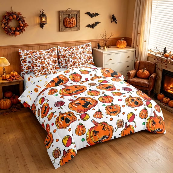 Homewish Cartoon Pumpkin Queen Bedding, Halloween Candy Bedding Comforter Set Queen, White Orange Red, Pumpkin Bat Reversible 7 Pieces