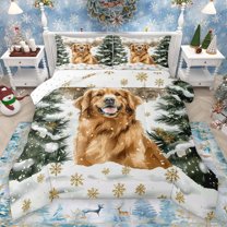 Homewish Cartoon Puppy Dog Bedding Comforter Set,Winter Pine Tree Twin Comforter Sets,Gold Xmas Tree Bedding Set For Boys Kids,Breathable Home Decor Reversible,2 Pieces