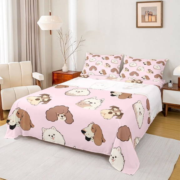 Homewish Cartoon Puppy Dog Twin Sheet Sets,Kawaii Dog Paw Twin Fitted Sheet,Pink Brown Flat Sheet For Girl Kids,Breathable Home Decor,3-Piece