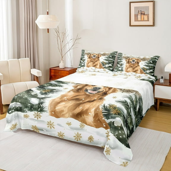 Homewish Cartoon Puppy Dog Twin Sheet Sets,Winter Pine Tree Twin Fitted Sheet,Gold Xmas Tree Flat Sheet For Boys Kids,Breathable Home Decor,3 Pieces