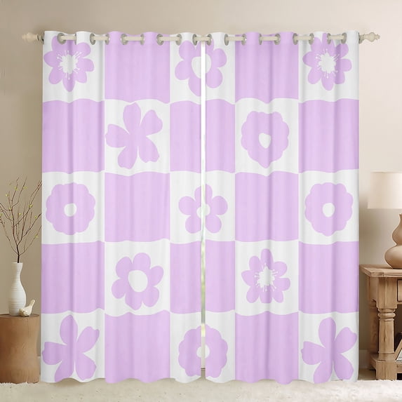 Homewish Cartoon Purple Flowers Blackout Curtains Set of 2 (52x84 Each) for Female Men Teens,Retro Vintage Floral Window Curtains,Geometric Grid Buffalo Curtains and Drapes,Microfiber Bedroom Decor
