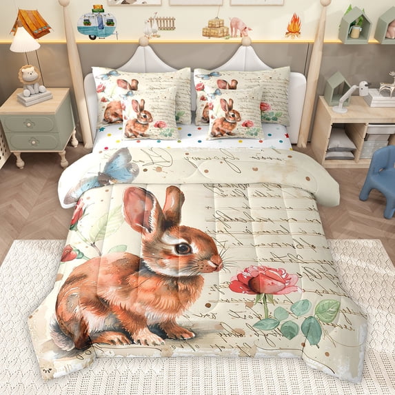 Homewish Cartoon Rabbit Animal Bedding Comforter Set 7 Pieces, Vintage Romantic Full Bedding Set, Watercolor Rose Leaf Plant Reversible Fitted Sheet Flat Sheet, Lightweight Room Decor