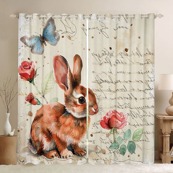 Homewish Cartoon Rabbit Animal Black Out Curtains, Vintage Romantic Curtains Pack of 2 (42x63 Each), Watercolor Rose Leaf Plant Bedroom Curtains, Black Out Curtains Room Decor