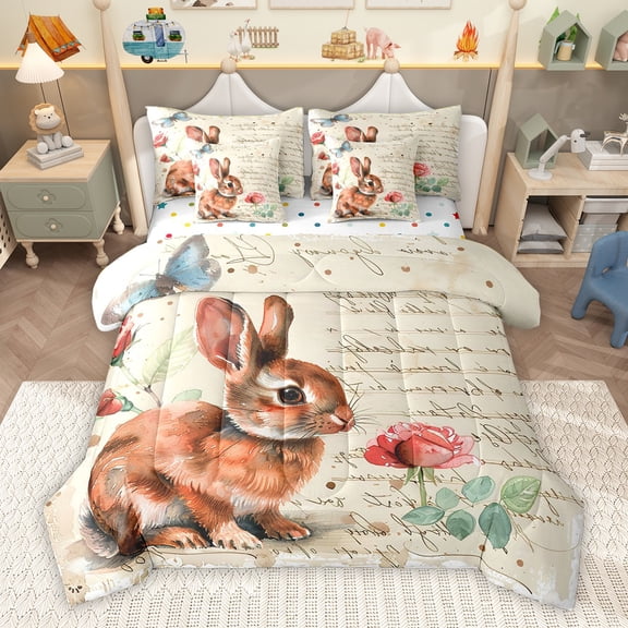Homewish Cartoon Rabbit Animal Twin Bedding Sets 7-Piece, Vintage Romantic Bedding Comforter Set, Watercolor Rose Leaf Plant Reversible Sheet Sets, Lightweight Room Decor