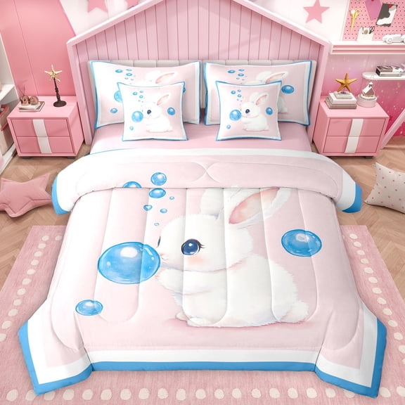 Homewish Cartoon Rabbit Twin Bedding Sets 7-Piece for Preppy Children,Kawaii Animal Bedding Comforter Set Microfiber,Pink Blue White Breathable Sheet Sets,Breathable Home Decor,Reversible