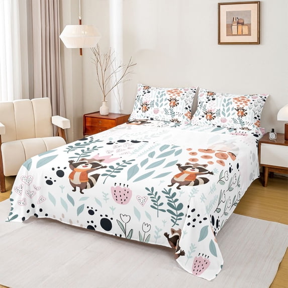 Homewish Cartoon Raccoon 3pcs Twin Sheet Sets for Preppy Children Kids,Dreamy Princess Twin Fitted Sheet,Kawaii Animal Breathable Flat Sheet,Luxury Bedroom Decor