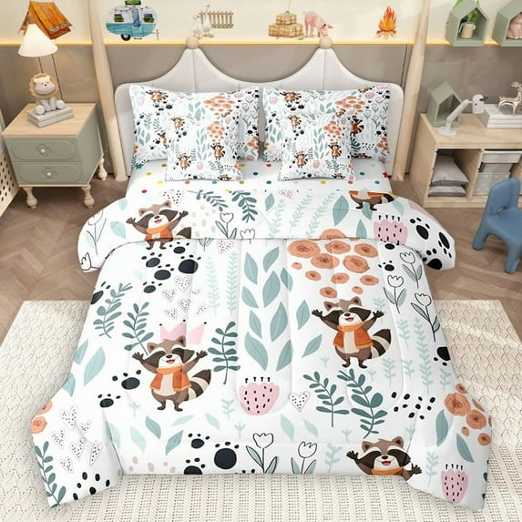 Homewish Cartoon Raccoon 7-Piece Twin Bedding Sets for Preppy Children Kids,Dreamy Princess Bedding Comforter Set,Kawaii Animal Breathable Sheet Sets,Luxury Bedroom Decor,Reversible