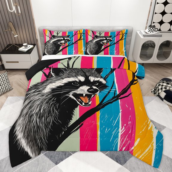 Homewish Cartoon Raccoon Print Queen Comforter Set for Kids, Fashion Stripes Abstract Bedding Sets, Kawaii Jungle Animal Reversible Bedding Comforter Set, Breathable Home Decor, 3 Pieces