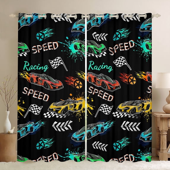 Homewish Cartoon Race Car Blackout Curtains Set of 2 (52x84 Each) for Teens, Automobile Sports Window Curtains, Checkered Flag Curtains and Drapes, Window Curtains Home Decor