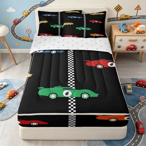 Homewish Cartoon Race Car Zipper Full Size Comforter Sets with Fitted Sheet and 2 Pillowcases,Checkered Flag Racing Vehicle Zipper Bedding Set For Boys,Reversible,4pcs