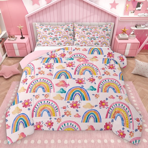 Homewish Cartoon Rainbow 3 Pieces Queen Comforter Set for Kids Child Girls,Cute Flowers Ultra Soft Bedding Sets,Dreamy Princess Castle Bedding Comforter Set Breathable,Breathable Home Decor