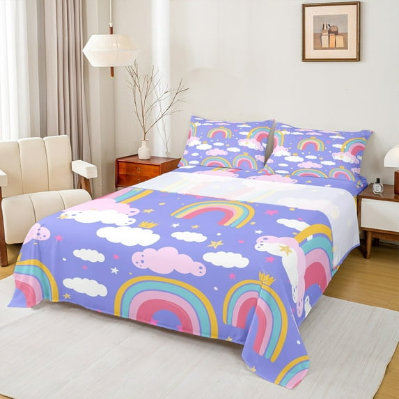 Homewish Cartoon Rainbow 4-Piece Full Size Sheets for Preppy Children Kids,Cute Gradient Watercolor Bed Sheets,Dreamy Princess Lightweight Sheet Sets,Microfiber Bedroom Decor