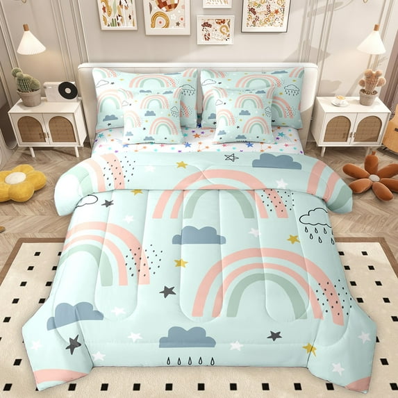 Homewish Cartoon Rainbow 7-Piece Twin Bedding Sets For Kids Boys Girls,Stars Print Bedding Comforter Set,Dreamy Princess Breathable Sheet Sets,Microfiber Bedroom Decor,Reversible