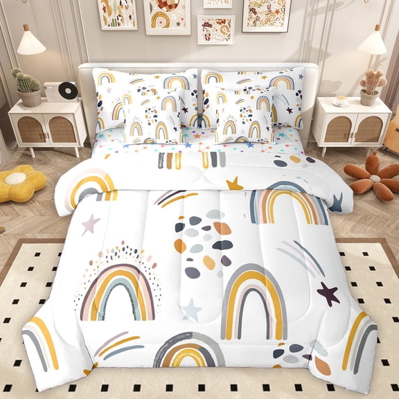 Homewish Cartoon Rainbow 7 Pieces Bedding Comforter Set For Kids Boys Girls,Stars Print Full Bedding Set Lightweight,Dreamy Princess Fitted Sheet Flat Sheet,Microfiber Bedroom Decor,Reversible