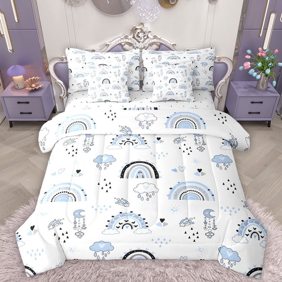 Homewish Cartoon Rainbow 7pcs Bedding Comforter Set For Kids Boys Girls,Blue White Queen Bedding Sets Super Cozy,Dreamy Princess Queen Sheet Sets,Microfiber Bedroom Decor,Reversible