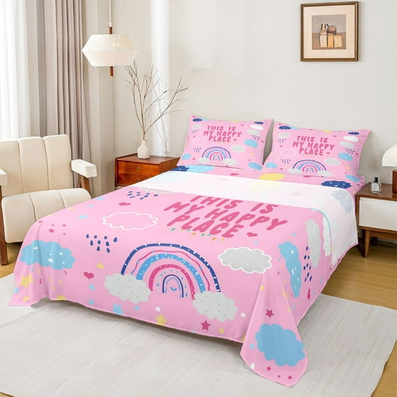 Homewish Cartoon Rainbow Child Full Size Sheets, Kawaii Stars Cloud Bed Sheets, Girly Pink Cartoon Theme Sheet Sets, Breathable Home Decor, 4 Pieces