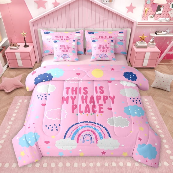 Homewish Cartoon Rainbow Child Twin Bedding Sets 7-Piece, Kawaii Stars Cloud Bedding Comforter Set, Girly Pink Cartoon Theme Reversible Sheet Sets, Breathable Home Decor