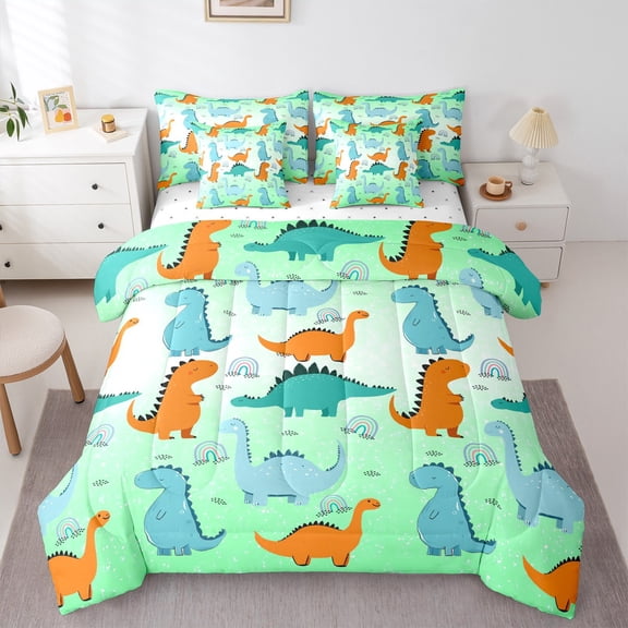 Homewish Cartoon Rainbow Dinosaur 7-Piece Bedding Comforter Set for Kids Children Teens,Kawaii Animal Dino King Bedding Sets,Gradient Ombre Green Ultra Soft Bed Sheets,Luxury Bedroom Decor