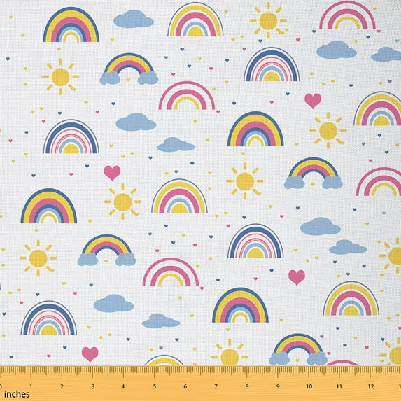 Homewish Cartoon Rainbow Kids 01, Kawaii Love Heart Room Decor Fabric by the Yard, Princess Style Sewing Fabric, Lightweight Room Decor