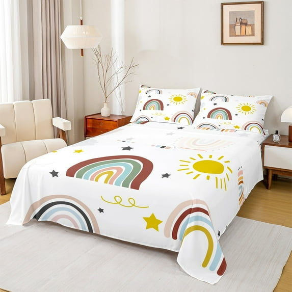 Homewish Cartoon Rainbow Sun Twin Sheet Sets,Cute Stars Print Twin Fitted Sheet,White Red Yellow Flat Sheet For Teens,Breathable Home Decor,3-Piece