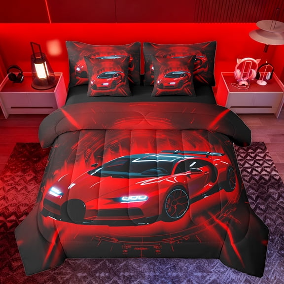 Homewish Cartoon Red Automobile Bedding Comforter Set 7pcs for Boys, Modern Extreme Sport Queen Bedding Sets, Futuristic Race Car Reversible Queen Sheet Sets, Microfiber Bedroom Decor