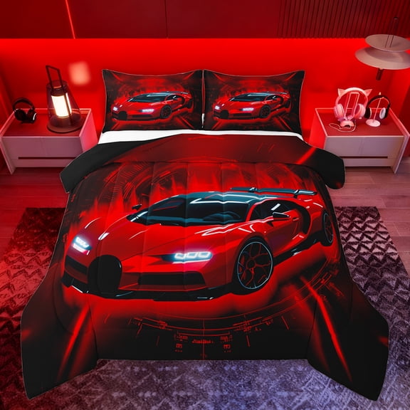 Homewish Cartoon Red Automobile Queen Comforter Set for Boys, Modern Extreme Sport Bedding Sets, Futuristic Race Car Reversible Bedding Comforter Set, Microfiber Bedroom Decor, 3 Pieces