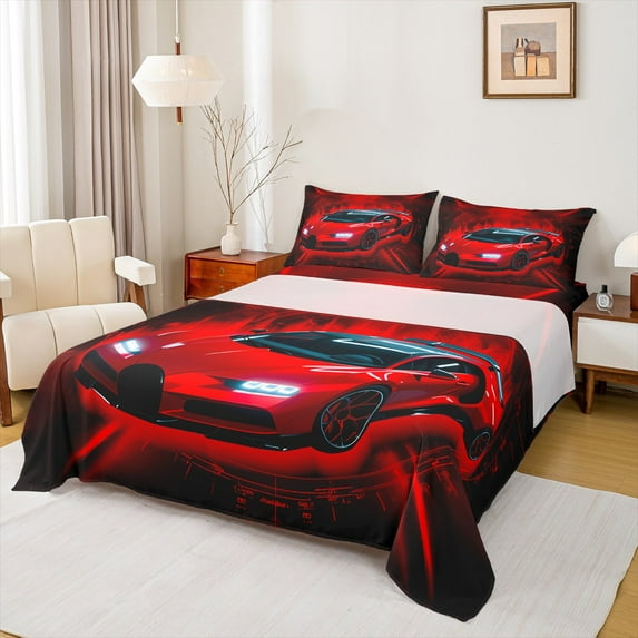 Homewish Cartoon Red Automobile Queen Sheet Sets for Boys, Modern Extreme Sport Flat Sheet, Futuristic Race Car Queen Fitted Sheet, Microfiber Bedroom Decor, 4 Pieces