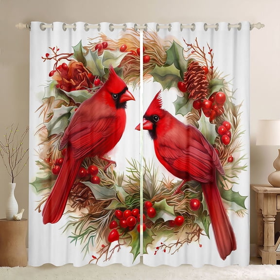 Homewish Cartoon Red Bird Black Out Curtains for Kids, Christmas Wreath Flower Curtains Pack of 2 (42x63 Each), Winter Western Festival Bedroom Curtains, Blackout Curtains Home Decor