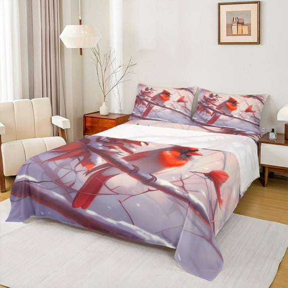 Homewish Cartoon Red Bird Queen Sheet Sets for Kids, Christmas Robin Animal Flat Sheet, Winter Western Festival Queen Fitted Sheet, Luxury Bedroom Decor, 4pcs
