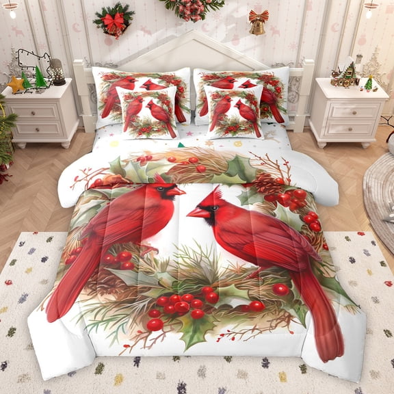 Homewish Cartoon Red Bird Twin Bedding Sets 7-Piece for Kids, Christmas Wreath Flower Bedding Comforter Set, Winter Western Festival Reversible Sheet Sets, Breathable Home Decor