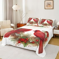 Homewish Cartoon Red Bird Twin Sheet Sets for Kids, Christmas Wreath Flower Twin Fitted Sheet, Winter Western Festival Flat Sheet, Breathable Home Decor, 3 Pieces