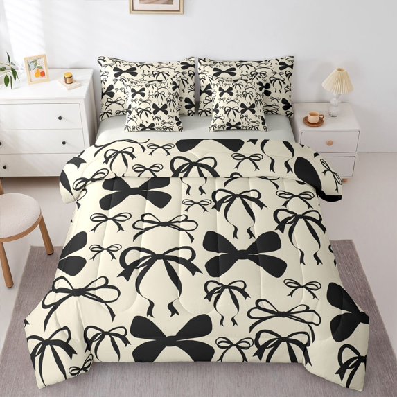 Homewish Cartoon Ribbon Bow Knot Twin Bedding Sets 7-Piece for Kids Children,Dreamy Princess Bedding Comforter Set Microfiber,Cute Bow-Tie Breathable Sheet Sets,Ultra Soft Home Decor,Reversible