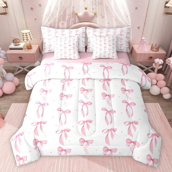Homewish Cartoon Ribbon Bow Knot Twin Bedding Sets 7-Piece for Kids Children,Dreamy Princess Bedding Comforter Set Microfiber,Polka Dots Breathable Sheet Sets,Ultra Soft Home Decor,Reversible
