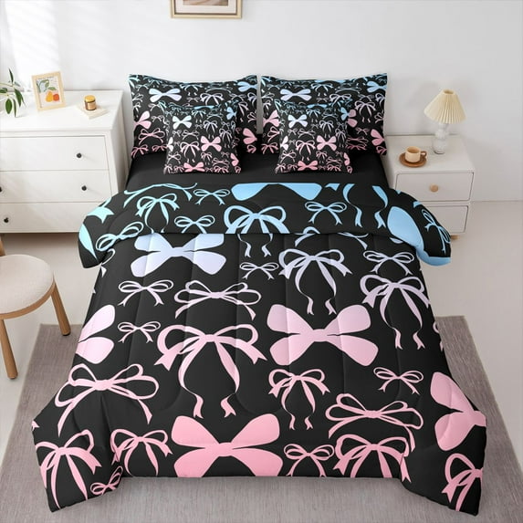 Homewish Cartoon Ribbon Bow Knot Twin Bedding Sets 7-Piece for Kids Children,Dreamy Princess Bow Bedding Comforter Set Microfiber,Abstract Gradient Ombre Breathable Sheet Sets