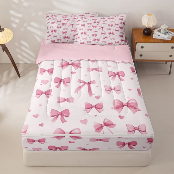 Homewish Cartoon Ribbon Bow Zipper Full Size Comforter Sets with Fitted Sheet and 2 Pillowcases,Pink Girly Bowknot Zipper Bedding Set For Kids,Pink Reversible,4-Piece