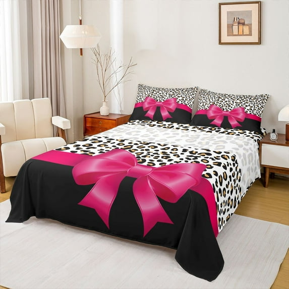 Homewish Cartoon Ribbon Bowknot 3pcs Twin Sheet Sets For Children Teens Girls,Abstract Cheetah Print Twin Fitted Sheet,Dreamy Princess Breathable Flat Sheet,Microfiber Bedroom Decor