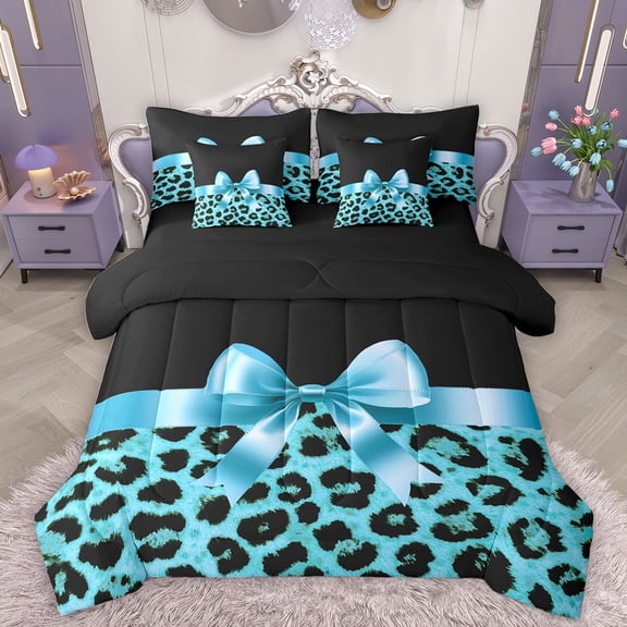 Homewish Cartoon Ribbon Bowknot 7-Piece Bedding Comforter Set For Children Teens Girls,Abstract Cheetah Print King Bedding Sets,Dreamy Princess Ultra Soft Bed Sheets,Microfiber Bedroom Decor