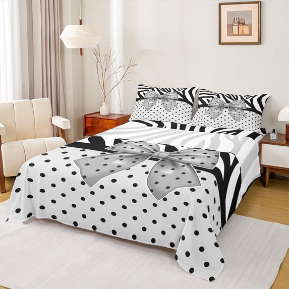 Homewish Cartoon Ribbon Full Size Sheets 4-Piece for Adults Female Men Women,Black Grey Breathable Bed Sheets,Cute Polka Dots Lightweight Sheet Sets,Breathable Home Decor
