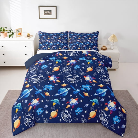 Homewish Cartoon Rocket 2pcs Bedding Comforter Set for Preppy Children Boys,Outer Space Twin Comforter Sets,Universe Galaxy Planet Breathable Bedding Set,Ultra Soft Home Decor,Reversible