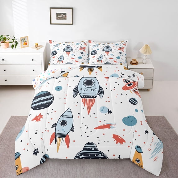 Homewish Cartoon Rocket 3 Pieces Queen Comforter Set for Preppy Children Boys,Outer Space Ultra Soft Bedding Sets,Universe Galaxy Planet Bedding Comforter Set,Ultra Soft Home Decor,Reversible