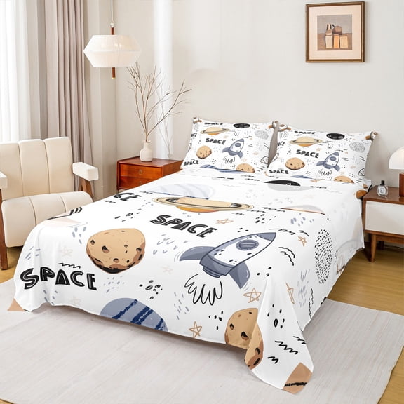 Homewish Cartoon Rocket 3pcs Twin Sheet Sets for Preppy Children Boys,Outer Space Twin Fitted Sheet,Universe Galaxy Planet Breathable Flat Sheet,Ultra Soft Home Decor